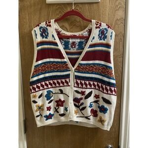 Vintage Westbound Women's White Multicolor Floral Knit Grandma Sweater Vest L